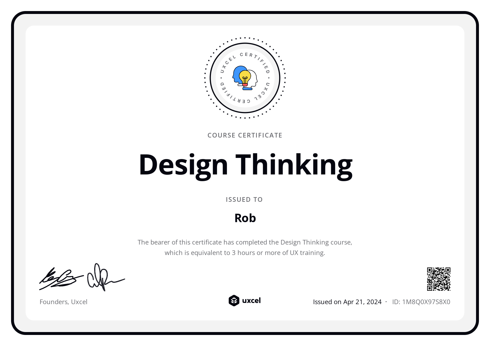 Rob B's certificate